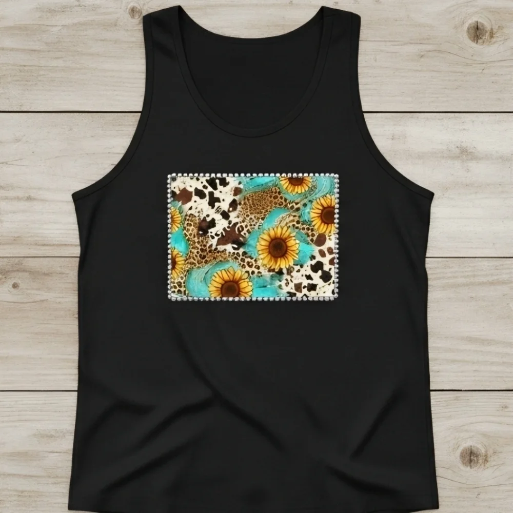 Sunflower Western Tank Top • Cow Print Leopard Patchwork • Boho Country